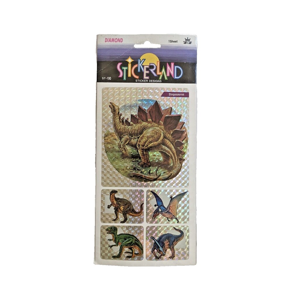 Vintage 1993 Stickerland Diamond‎ Dinosaur Holographic Sticker Sheet Stegosaurus